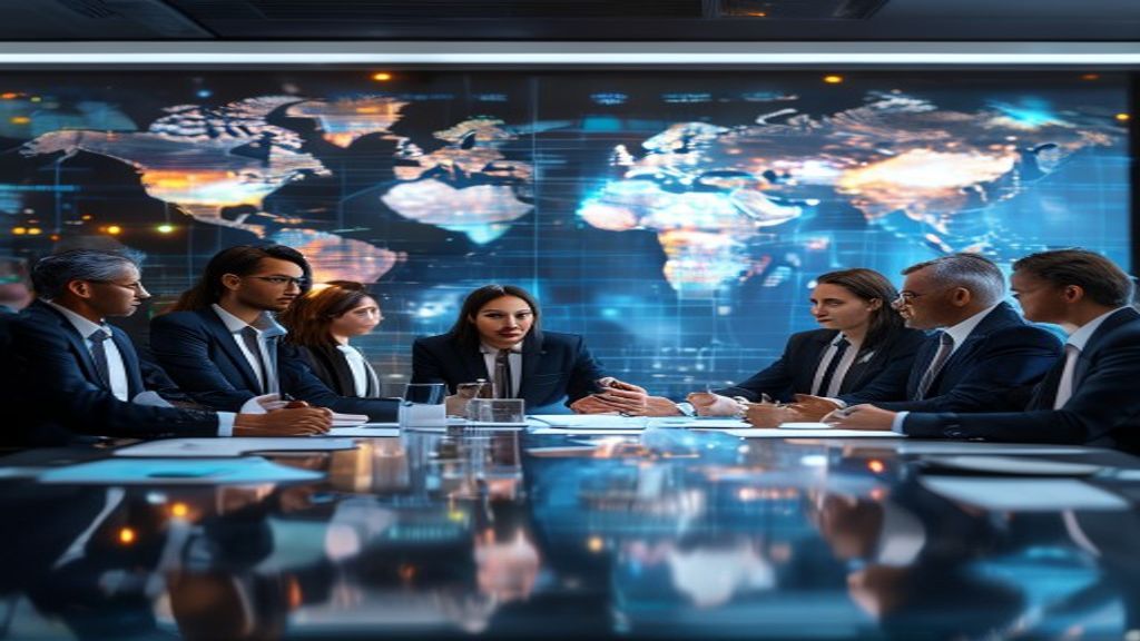 Expansión Internacional con IA: Cómo Llevar tu Pyme al Mercado Global sin un Equipo de Traducción en 2026 Expansión internacional con IA: reunión de negocios con traducción y análisis de mercado global